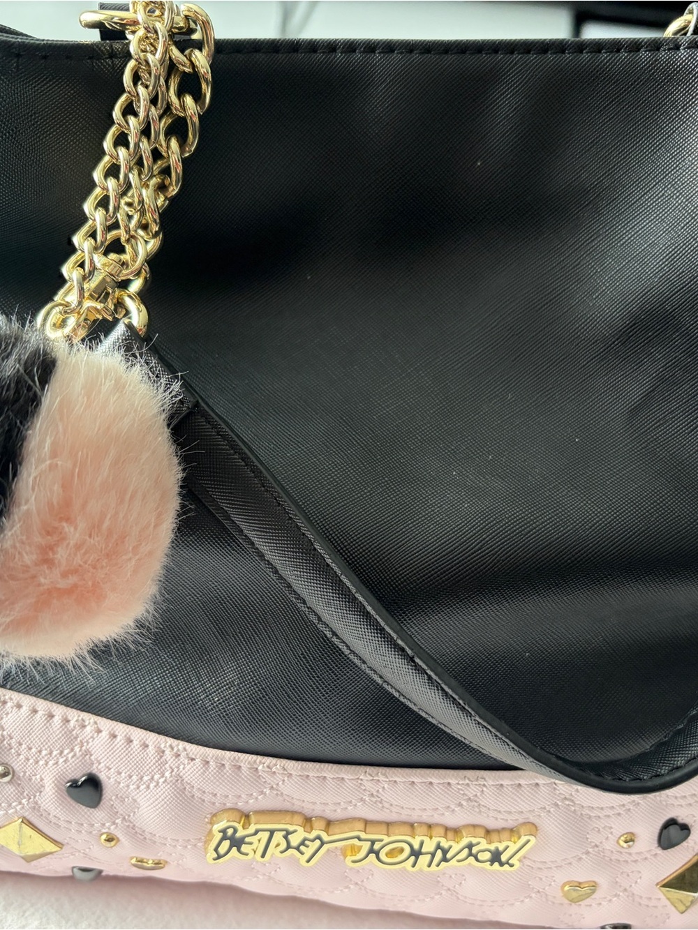 Betsy Johnson Black Pink Studded Tote Cross Body Purse w/ Faux Fur Pom Charm
